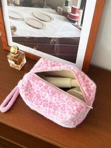 AGG Pink Leopard Print Plush Makeup Bag With Wrist Strap, Large Capacity Zippered Storage Pouch, Women's Portable Travel Toiletry Bag - Multicolor - View 3