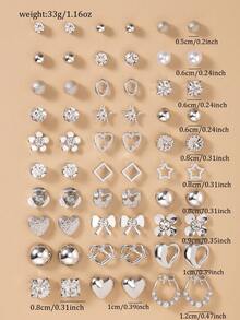 60pcs Fashion Metal Butterfly, Heart, Rhinestone, Moon, Bow Knot, Flower Stud Earrings Set, Jewelry Gift, Everyday Wear For Women - Silver - View 5