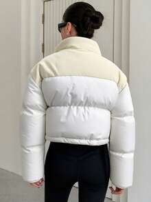 Women's Short Padded Coat, Color Block Patchwork Corduroy Zipper Stand Collar, Suitable For Parties, Dates, Daily Wear In Autumn/Winter