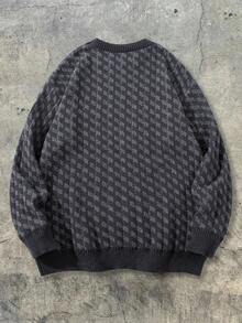 Men's Casual Retro Style Jacquard Knit Pullover Sweater, Lightweight, Crew Neck, Long Sleeve, Suitable For Autumn And Winter - Dark Grey - View 3