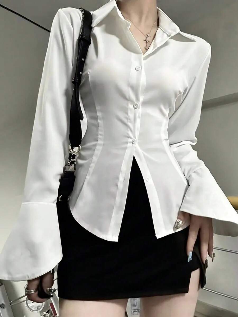 Women Elegant Solid Color Shirt With Unique Tie-Back And Front Button Details - Long Sleeve, Suitable For All Seasons - White - View 1
