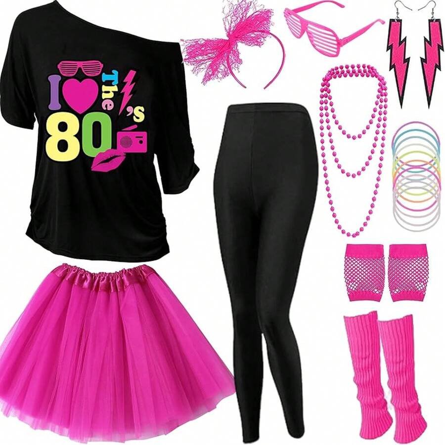 80s Outfits Women 80's Costume Accessories Women 1980s Costume 22 Pcs 80s Party Hoween Outfits - 玫瑰色+黑色緊身褲 - 查看 1