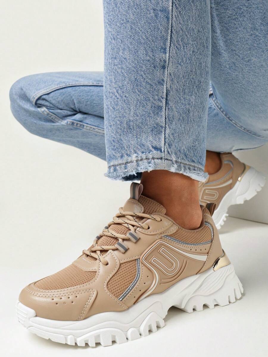 Soft Casual Sneakers Women's Flat Thick Sole Metal Accent Sport Spring/Fall - Khaki - View 1