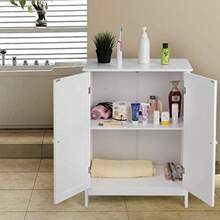 Bathroom Floor Cabinet With Double Door Wooden Floor Storage Cabinet With Shelf Elegant Home Space Saver Storage Toiletries Wooden Entryway Utility Storage Cabinet Durable Storage Cabinet For Compact Room White