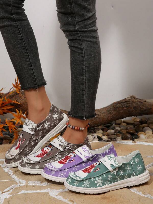 Round-Toe Snowman & Snowflake Design Casual Sneakers, Comfortable Lining, Contrasting Upper, Slip-On With Lace Decor, Lightweight & Comfortable, Suitable For Casual Outings, Parties, Women's Athleisure Shoes