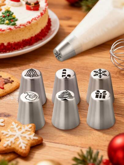 Christmas Cake Cookie Piping Nozzle Set, Stainless Steel Cream Icing Piping Tips - Snowflake, Santa Claus, Christmas Tree, Bell, Cane, Gift Pattern Baking Decorating Tools, Suitable For Baking Cake Dessert Pastry Cupcake Cookie Pattern Decoration, Xmas Theme Decor, Christmas Stocking Fillers