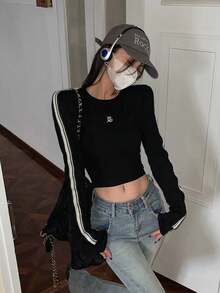 Early Autumn Women's Striped Short Long Sleeve Fitted Top Casual Black Spring - Black - View 4