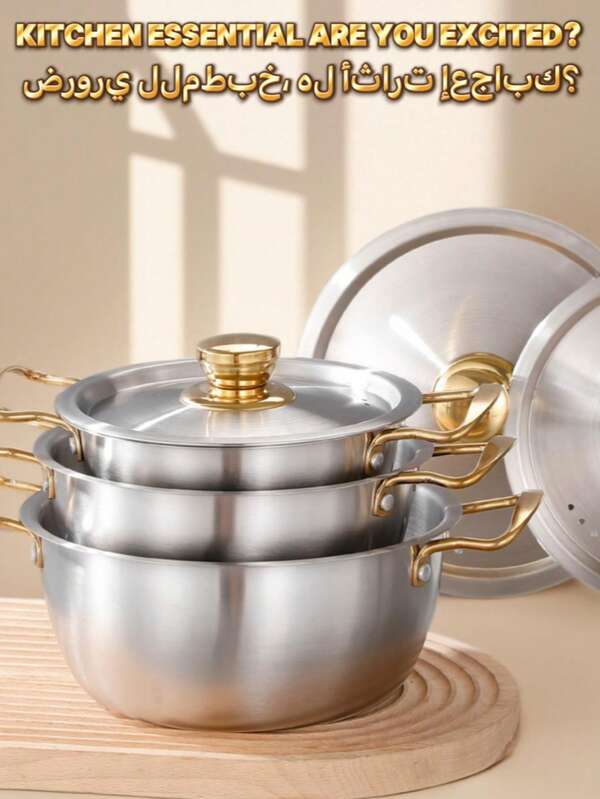 3pcs Stainless Steel Ramen Pot Set (Includes 3 Different Sized Pots: Small Size Can Be Used As Rice Mixing Pot, Baby Food Pot, Etc. Medium Size Can Be Used As Ramen Pot, 2-Person Soup Pot. Large Size Can Be Used As Family Soup Pot, Small Hotpot)
