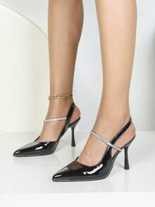 Scarpin Preto Feminino de Bico Fino com Tira de Strass, Salto Alto Minimalista, Personalidade, Casual, Estilo Francês, Moda Elegante e Versátil - Preto - Visão 2