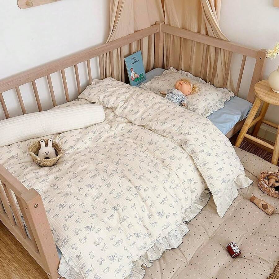 Muslin Duvet Cover With Ruffled Edges, 1 Piece Cotton Comforter Cover 47X59'', Pattern 2-Layer Gauze Bedding, No Quilt Or Pillowcases, Bedroom Essential - 小貓 - 查看 1
