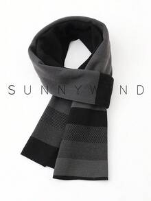 1pc Men's Solid Color Knitted Polyester Scarf, Minimalist & Versatile For Daily Use - Black and Gray - View 3