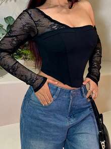 Onicee Women's Autumn Fashion Sexy Lace Patchwork Oblique Shoulder Long Sleeve Blouse - Black - View 9