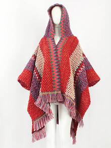 1件女士时尚几何菱形图案流苏波西米亚风连帽斗篷，适合休闲外出、日常穿着、旅行和度假。 - 彩色 - 查看 12