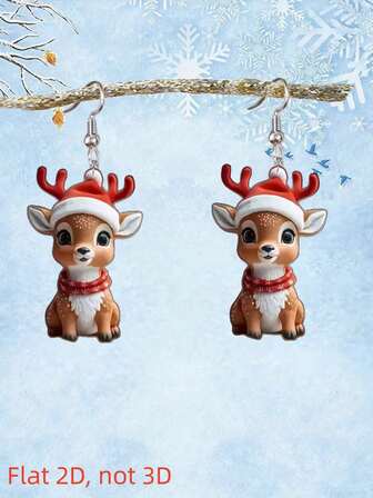 1 par de aretes de acrílico 2D con diseño de renos de dibujos animados, adecuados para que las mujeres los usen durante la Navidad, regalo de Navidad perfecto