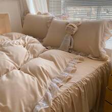 Chic Ruffle Lace Polyester Duvet Cover Set - Girl White Bedding - 2 Piece Twin Comforter Duvet Cover With Zipper Closure - Ultra Soft And Lightweight (White, Twin) - NO Comforter Included - 香檳色 - 查看 5