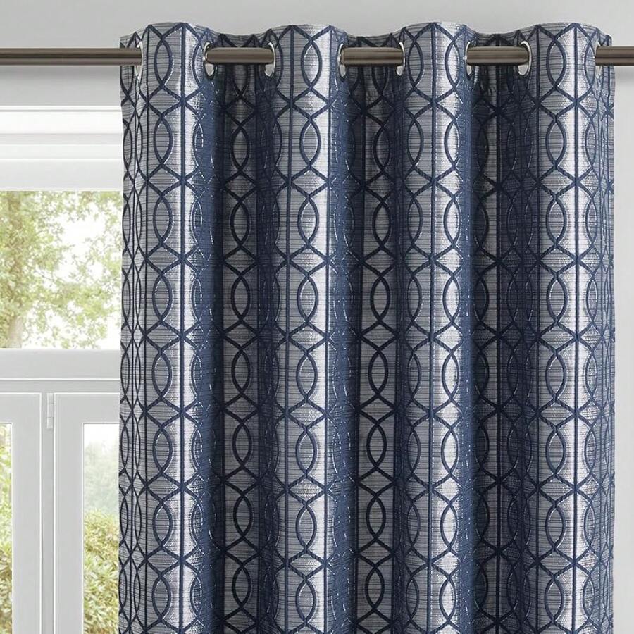 Beige And Black% Blackout Geometric Pattern Curtains, 52 Inch Wide 96 Inches Long 2 Panels, Thermal Insulated Noise Reducing Anti-Rust Grommet Drapes Bedroom Living Room,, Modern Style, Energy-Efficient - 深藍色和銀色 - 查看 1