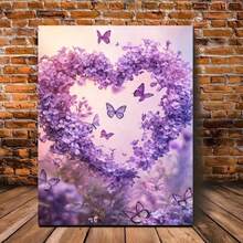 1PC 2D The Purple Flowers Are Heart-Shaped And Butterfly Wall Art Canvas Printed Materials, Wall Decoration Posters, Unique Creative Wall Art Decorations, Bathrooms, Living Rooms, Bedrooms, Offices, Dining Rooms, Artworks, Perfect Gifts And Decorations, 2D Flat Surface, Ideal Choice For Giving Gifts During Christmas, New Year And Other Festivals, Very Suitable For Room Decoration - 紫色 - 查看 1
