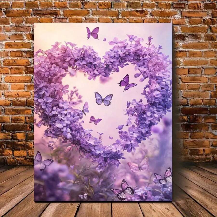 1PC 2D The Purple Flowers Are Heart-Shaped And Butterfly Wall Art Canvas Printed Materials, Wall Decoration Posters, Unique Creative Wall Art Decorations, Bathrooms, Living Rooms, Bedrooms, Offices, Dining Rooms, Artworks, Perfect Gifts And Decorations, 2D Flat Surface, Ideal Choice For Giving Gifts During Christmas, New Year And Other Festivals, Very Suitable For Room Decoration - 紫色 - 查看 1