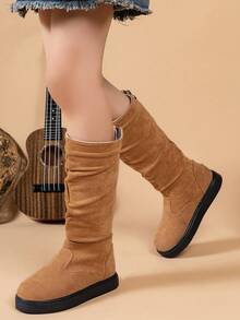 儿童舒适优雅易穿脱及膝靴，适合户外、学校、派对穿着，14 岁及以下，仿麂皮拼接经典休闲设计 - 棕色 - 查看 1