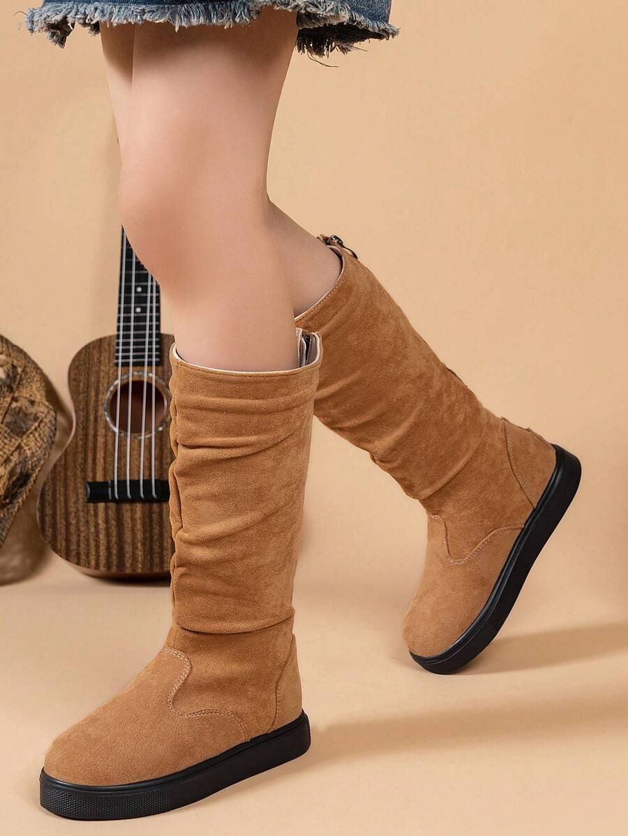 儿童舒适优雅易穿脱及膝靴,适合户外、学校、派对穿着,14 岁及以下,仿麂皮拼接经典休闲设计 - 棕色 - 查看 1