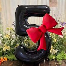 2个/套 40英寸黑色数字造型铝箔气球，带哑光蝴蝶结装饰，适用于生日派对、婚礼、户外活动、周年纪念、节日、感恩节、丰收季、情人节、圣诞节、派对庆典氛围营造和背景装饰 - 黑色 - 查看 12