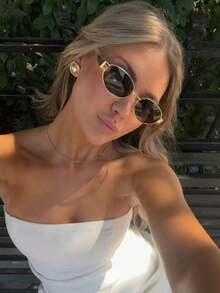1pcs Metal Frame Oval Retro Fashion Glasses, Fashionable Design For Women, Suitable For Everyday Wear, Traveling & Beach Preppy Style For Back To School - màu nâu - Xem 2