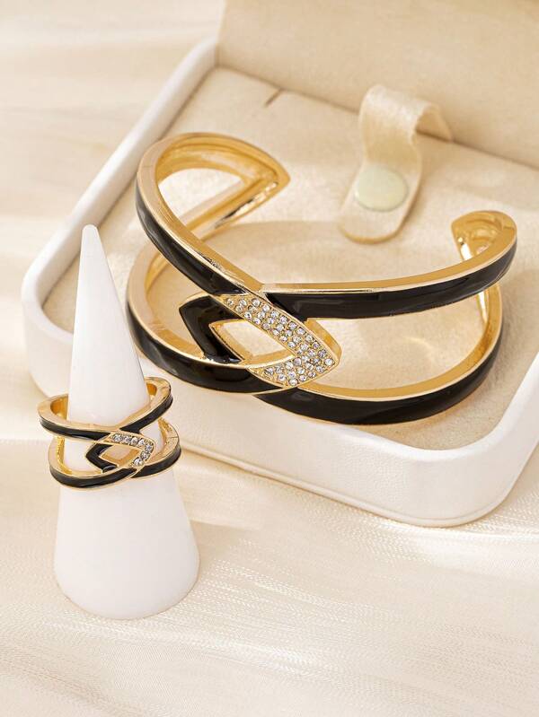 1 Set de pulsera y anillo a juego con brazalete geométrico de estilo europeo y americano, de lujo, con esmalte negro y cristales, adecuado como regalo para mujeres, para uso diario, casual, de trabajo, vacaciones y fiestas