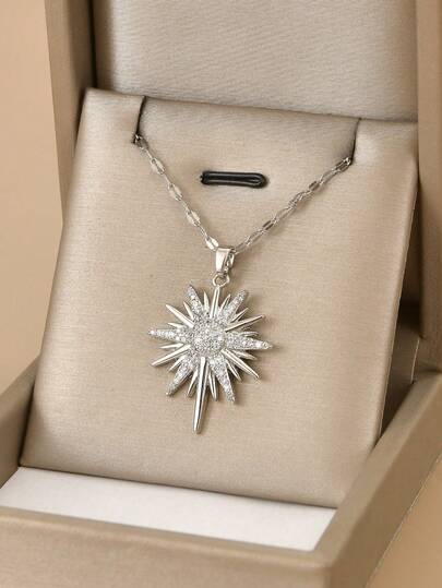 1 件时尚全水钻八角星和六角星不锈钢项链，女士银饰，不锈钢首饰