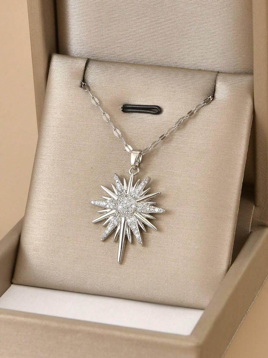 1 buah Kalung Stainless Steel Modis dengan Hiasan Berlian Imitasi Penuh Berbentuk Segi Delapan & Segi Enam, Perhiasan Perak Wanita, Perhiasan Stainless Steel - Perak - View 1