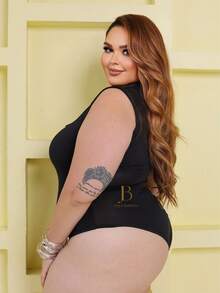 Women's Plus Size Summer Short Sleeve Tank Top Bodysuit Square Neckline With Zipper - 黑色 - 查看 4