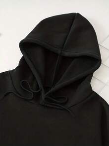 Sudadera unisex casual con bolsillo tipo canguro, capucha y cordón ajustable, estilo holgado, cuello redondo, manga larga, ideal para otoño e invierno, perfecta para uso diario - Negro - Ver 4