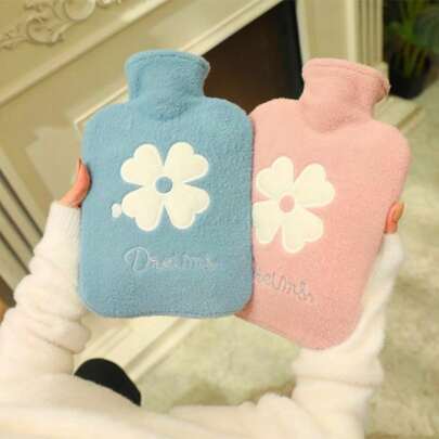 1PC Flower Embroidered Plush Hot Water Bag - Soft Cozy Heating Pad, Warm Belly/Hands/Body Winter & Autumn Warmer, Premium Plush Fabric With Exquisite Embroidery, Leak-Proof Hot Water Bottle, Multifunctional For Home/Office/Travel/Cold Nights, Hot Search Winter Warmth Accessory, Perfect Gift For Christmas/Valentine's Day/Birthday/Women/Boyfriend/Girlfriend/Lovers