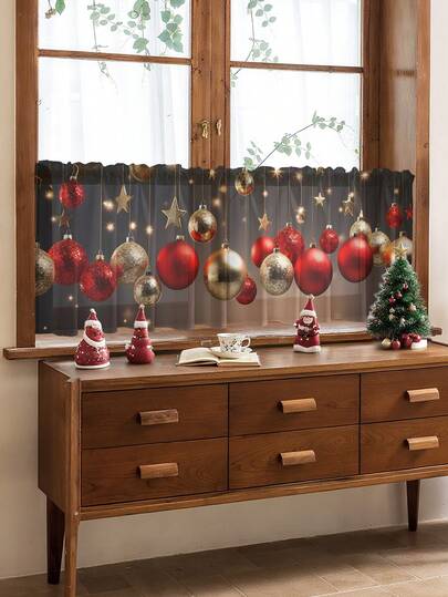 Weihnachts-Küchengardine - 1 Stück modernes gebürstetes Stofffensterbehandlung mit festlichem Tannenbaum- und Ornamentdruck, Leinwandbindung lichtdurchlässiges Paneel, Gardinenband, für Schlafzimmer Küche Büro - 100% Polyester (120g Stoffgewicht)