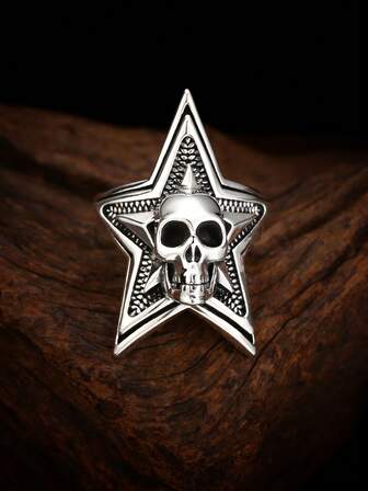 1pc 925 Sterling Silver Vintage Blackened Punk Style Pentagram Skull Ring, Suitable For Men To Wear On Holidays
