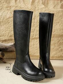 女士 2025 年秋冬纯色侧拉链厚底粗跟休闲高筒靴，适合日常休闲穿着