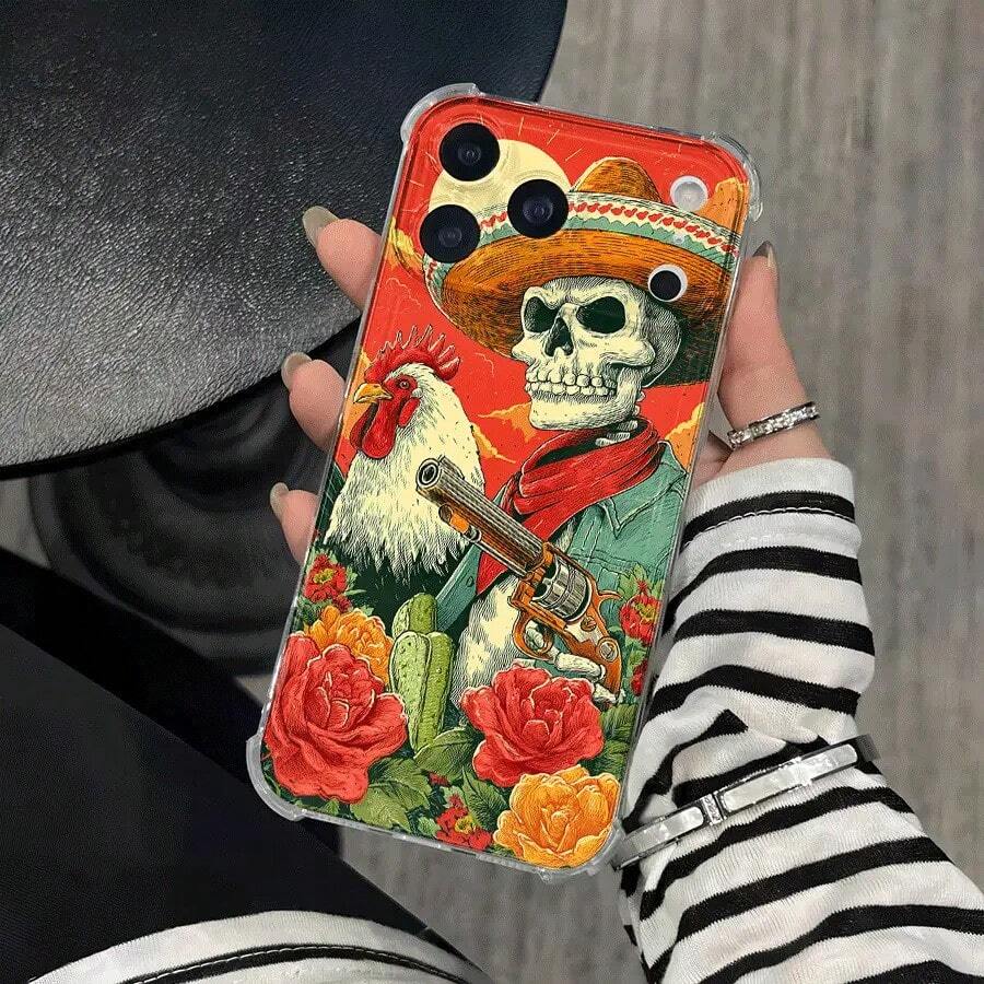 Teléfono Cráneo Con Patrones De Pistola Teléfono Móvil Con Impresión Transparente Anticaída De Cuatro Esquinas, Adecuado Para phone17, 16, 15, 14, 13, 12, 11 Pro X XS Series, Regalos De Halloween Y Acción De Gracias, Amigos Y Familiares, Regalos Festivos - transparente - Ver 1