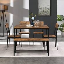 6 Piece Dining Table, Chair And Bench Set, Steel And Wood Frame, Industrial Style, For Kitchen - Brown - View 12