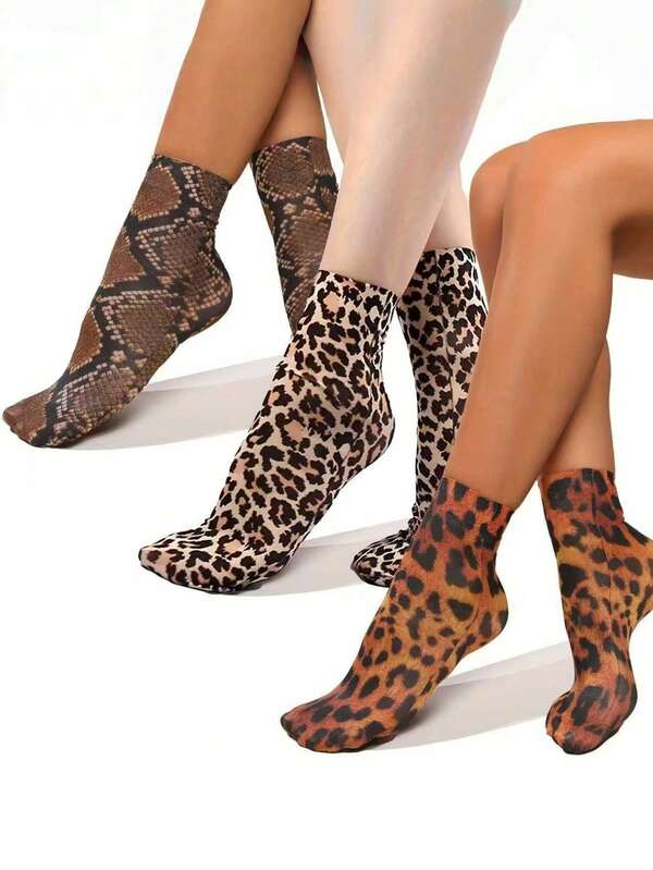 3pcs Leopard Print Socks, Women's Stockings Printed, Random Print, New Fashionable Hot Selling Items