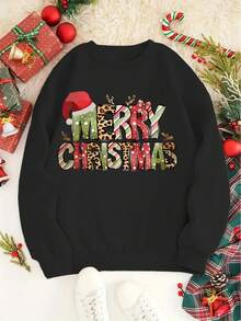 Women's Christmas Print Sweatshirt, Casual Crew Neck Pullover, Lightweight, All-Season Fashion Top, Combed Cotton Loose Sweatshirt, Crew Neck Versatile Daily Style - màu đen - Xem 7