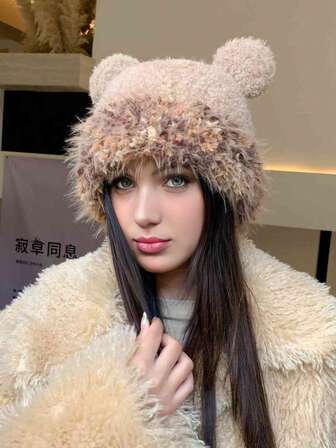1pc Women's Winter Knit Hat, Fashionable Fluffy Bear Ear Design, Thick Warm Earmuff Beanie, Suitable For Daily Wear, Travel, Skiing, Shopping And Outdoor Use