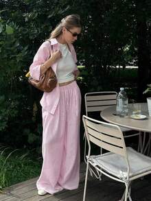 女式长袖上衣和阔腿裤两件套，休闲优雅装扮，梭织面料，舒适，可机洗，经典时尚，简约风格，适合休闲、通勤、度假、约会之夜、海滩、婚礼、花园、街头 - 粉色 - 查看 5