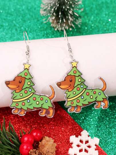 1 对可爱有趣、活泼时尚的圣诞树和腊肠狗亚克力吊坠耳环，适合节日派对、日常佩戴、女士珠宝
