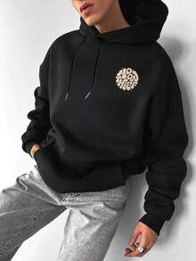 男士休闲时尚百搭日常通勤字母印花袋鼠口袋抽绳连帽衫，秋冬款 - 黑色 - 查看 2