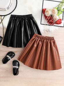 2pcs Girls Simple Versatile Summer Skirts, Teens Faux Leather Solid Color Elastic Waist Mini Skirts, Casual Outdoor Chic Outfits For Youth Daily, Travel