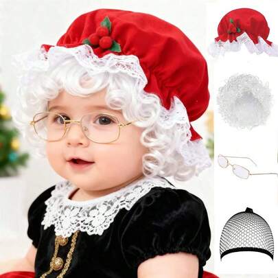 Set de 4 piezas de disfraz navideño para recién nacidos que incluye sombrero/peluca/gafas/diadema, accesorios de fotografía para recién nacidos, accesorios lindos para sesión de fotos navideña de bebé, adecuado para fiesta de 100 días, aniversario, regalo