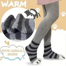 6 Pairs Winter Socks Warm Floor Socks For Cold Weather - Women's Knee-Length Socks Warm Socks - Winter Thermal Socks - Cat Paw Pattern - Fuzzy Soft Comfortable Coral Fleece - Striped Cute Design, Polyester Knit Fabric - Fall & Winter Essentials | Machine Washable | No Lining Design