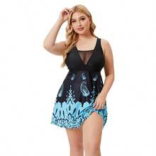 Emolly & ye Maiô plus size feminino, conjunto de duas peças: calcinha triangular de cintura alta e top com saia e estampa de malha que cobre a barriga. Maiô de praia modelador.  Cortar e costurar  Padrão Texturizado    Boho    Malha Contraste    Férias  Praia - Preto - Visão 9