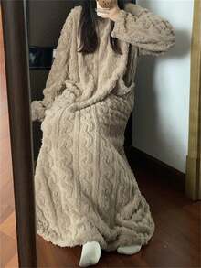1pc Women Winter Coral Fleece Long Bathrobe, Ankle Length Sleepwear, Warm & Comfortable For Home & Outdoor Use Summer Wedding Home Bathroom Decor - Coffee Brown - View 6