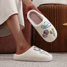 1 双白色卡通刺绣西部牛仔马蹄和花卉图案毛绒拖鞋，秋冬男女通用室内一脚蹬软底保暖毛绒鞋，送给女孩的绝佳圣诞礼物 - 白色 - 查看 5