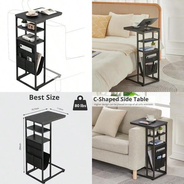 C Shaped End Table C Shaped End Table For Couch C Shaped Side Table With Storage Bag Slide Under Sofa Table C Table For Sofa With 2 Storage Shelf For Living Room No Socket Black